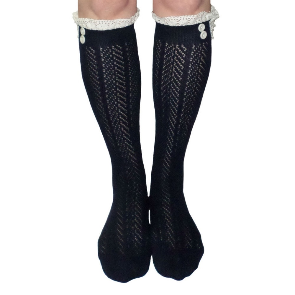 Navy Blue Chevron Button Lace Knee High Socks